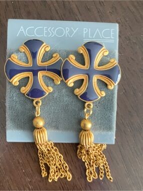Gold & Navy Cross Tassel Drop Earrings Vintage